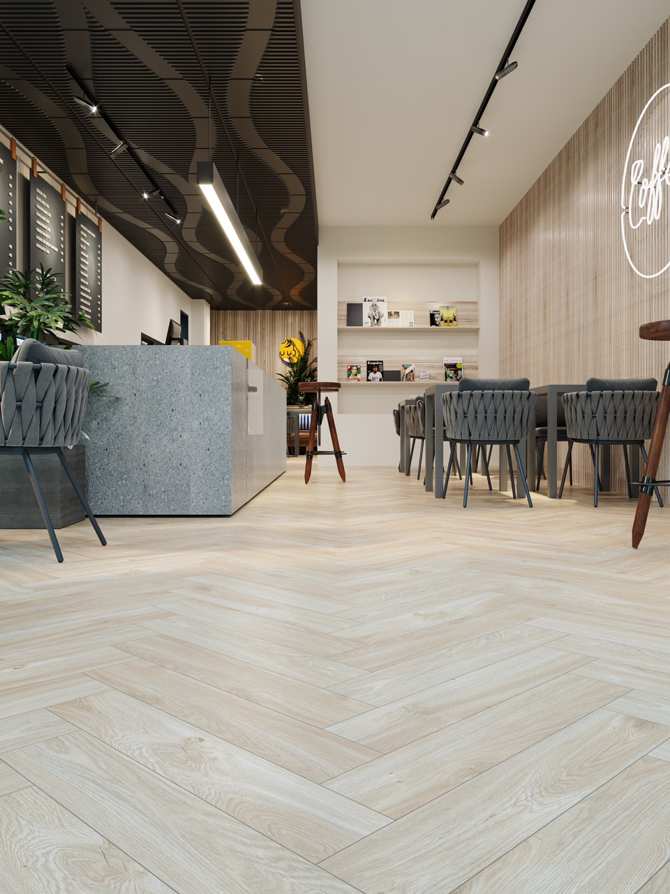 Кварцвиниловый SPC ламинат Cronafloor Herringbone Дуб Ницца H002 венгерская елка 640×128×4,5 фото в интерьере